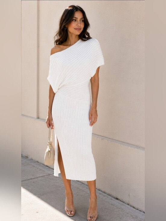 cult gaia Dresses & Skirts - Cult Gaia Naunet Asymmetric neck knitted midi dress Off White Small